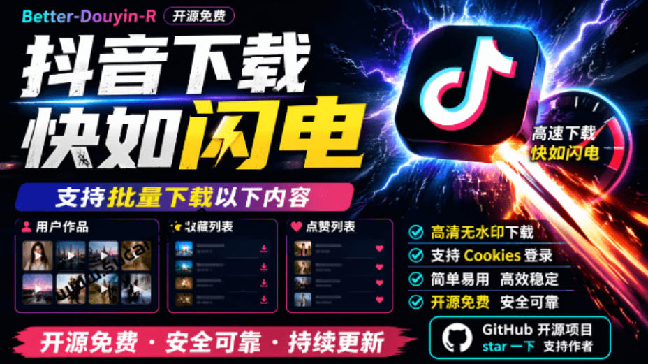 超级好用！抖音视频下载神器，支持批量下载用户作品收藏列表和点赞列表，开源完全免费Better-douyin-R-皮皮网创