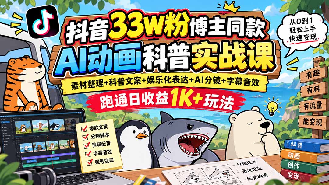 抖音33W粉博主同款AI动画科普实战课｜素材整理+科普文案+娱乐化表达+AI分镜+字幕音效，跑通日收益1K+玩法-皮皮网创