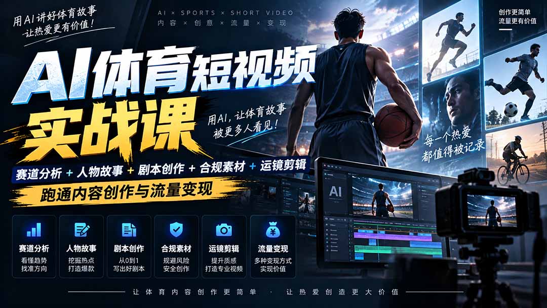 AI体育短视频赛道顶级玩法｜赛道分析+人物故事+剧本创作+版权处理+运镜剪辑，跑通流量变现-日赚1K+-皮皮网创