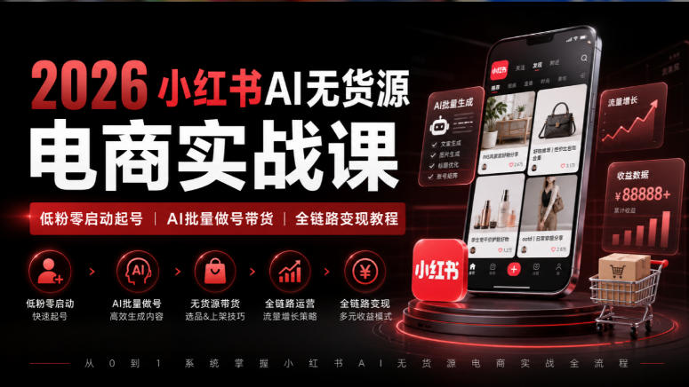 2026小红书AI无货源电商实战课|低粉零启动起号|AI批量做号带货全链路变现教程-皮皮网创