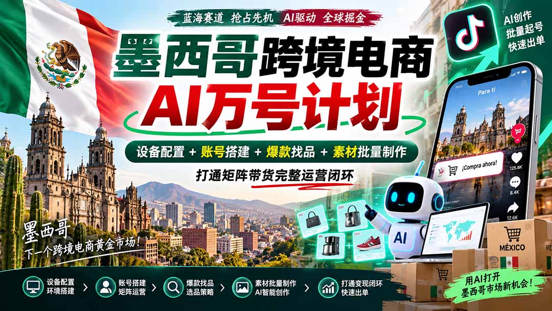 墨西哥AI跨境电商万号计划|设备配置+账号搭建+爆款找品+素材批量制作,打通矩阵带货完整运营闭环-皮皮网创