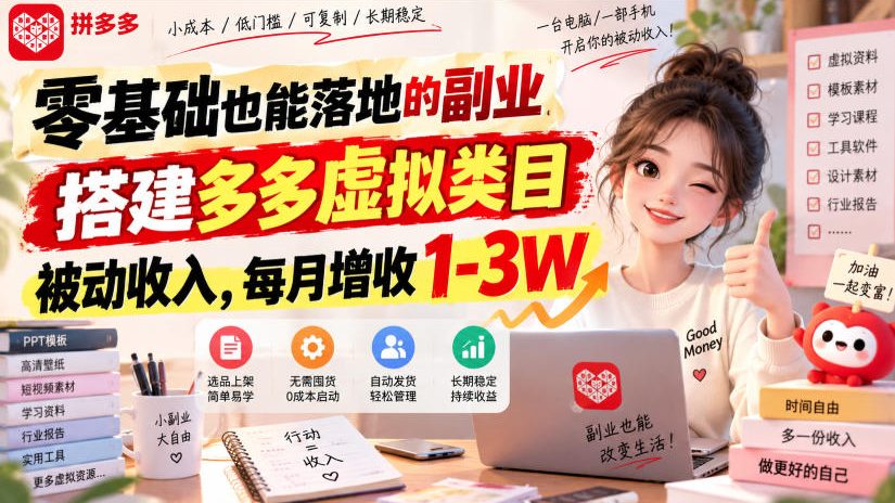 零基础也能落地的副业,搭建多多虚拟类目被动收入,每月增收1-3W【揭秘】-皮皮网创