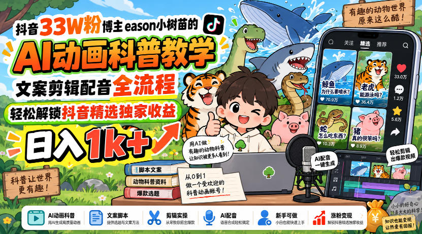 抖音33W粉博主eason小树苗的AI动画科普教学，文案剪辑配音全流程，轻松解锁抖音精选独家收益，日入1k+-皮皮网创