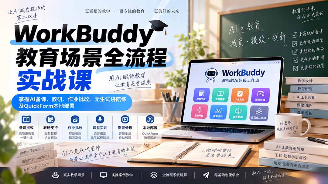 WorkBuddy教育场景全流程实战课:掌握AI备课、教研、作业批改、无生试讲陪练及QuickForm本地部署-皮皮网创