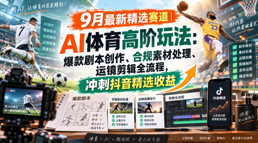 某大佬的9月最新精选赛道之AI体育顶级玩法,爆款剧本创作、版权规避、运镜剪辑全流程,稳拿抖音精选收益-皮皮网创