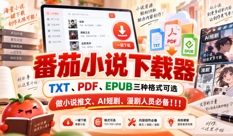 番茄小说下载器,TXT、PDF、EPUB三种格式可选,做小说推文、AI短剧、漫剧人员必备!!!-皮皮网创