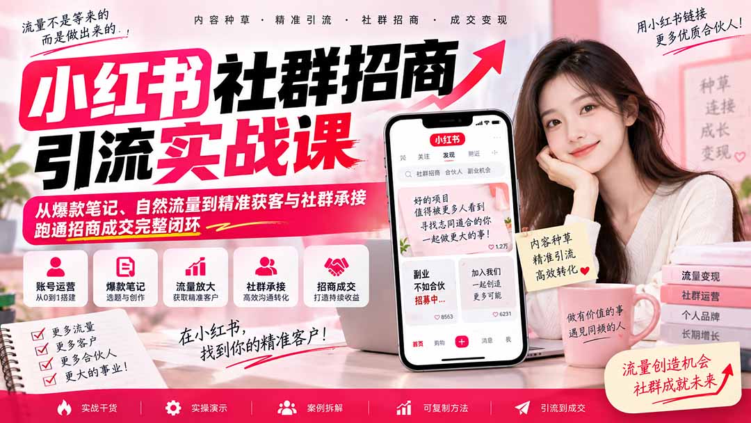 小红书社群招商引流实战课-无水印:从爆款笔记、自然流量到精准获客与社群承接,跑通招商成交完整闭环-皮皮网创
