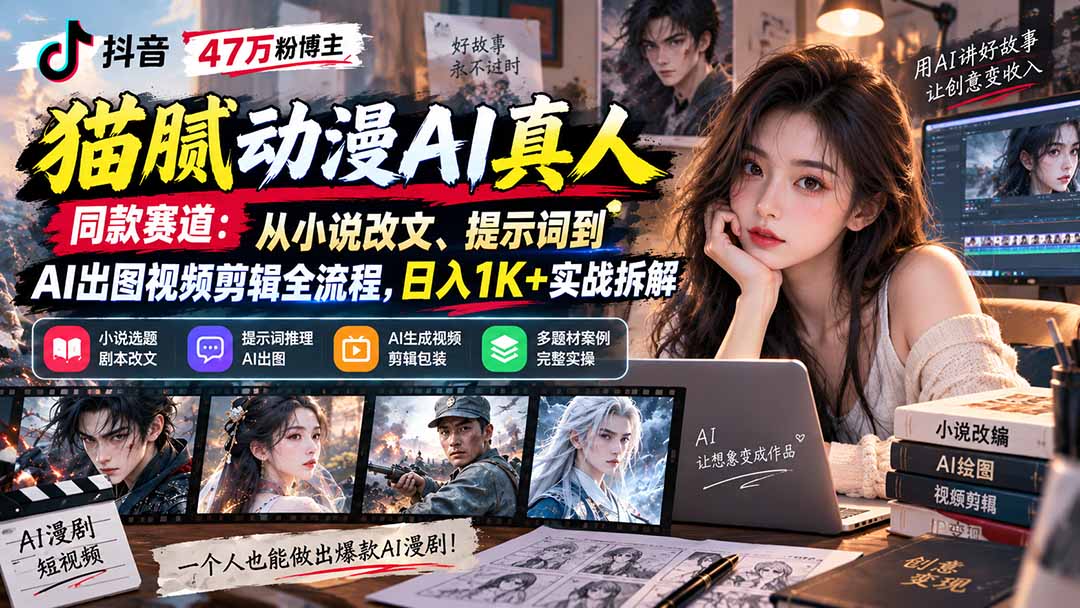 抖音47万粉博主猫腻动漫AI真人同款赛道:从小说改文、提示词到AI出图视频剪辑全流程,日入1K+实战拆解-皮皮网创