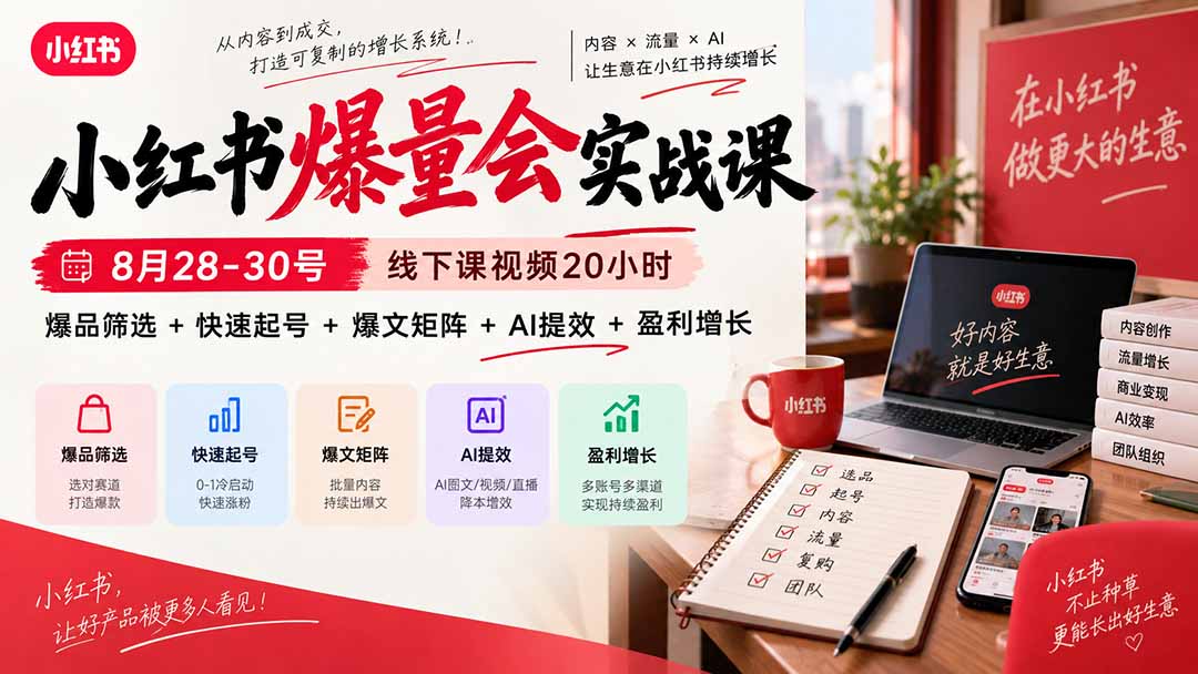 小红书爆量会实战课-更新9月17:线下课视频20小时,爆品筛选+快速起号+爆文矩阵+AI提效+盈利增长-皮皮网创