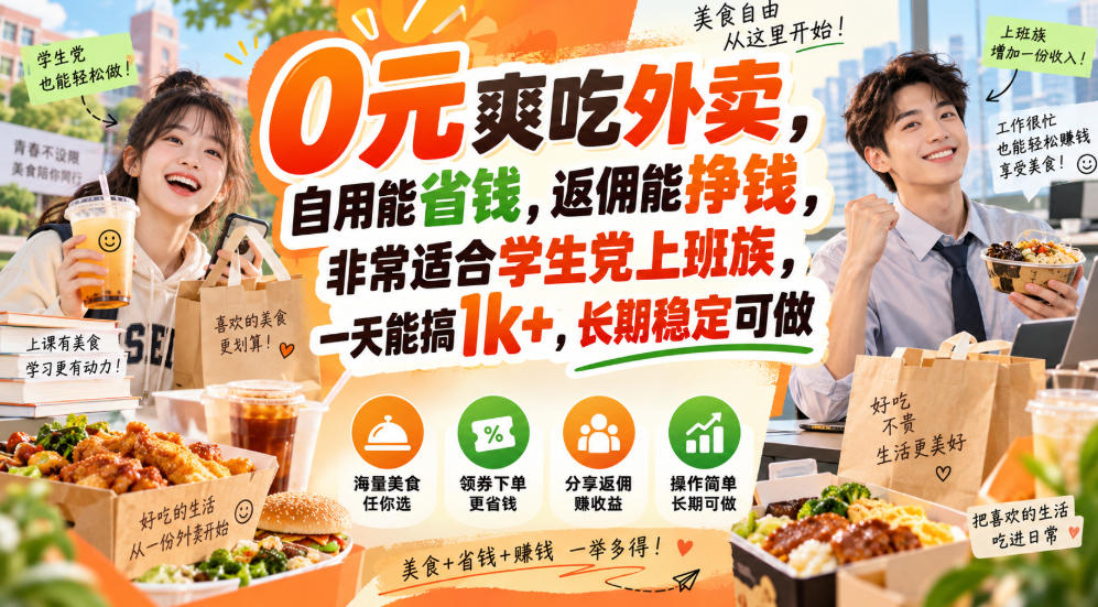 0元爽吃外卖，自用能省钱，返佣能挣钱，非常适合学生党上班族，一天能搞1k+，长期稳定可做-皮皮网创