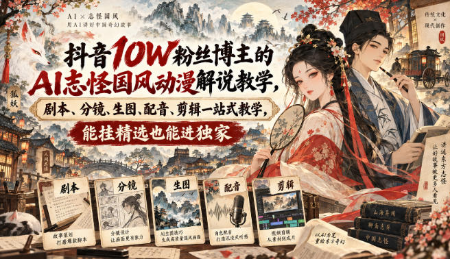 抖音10W粉丝博主满堂诡事的AI志怪国风动漫解说教学,剧本、分镜、生图、配音、剪辑一站式教学,能挂精选也能进独家-皮皮网创