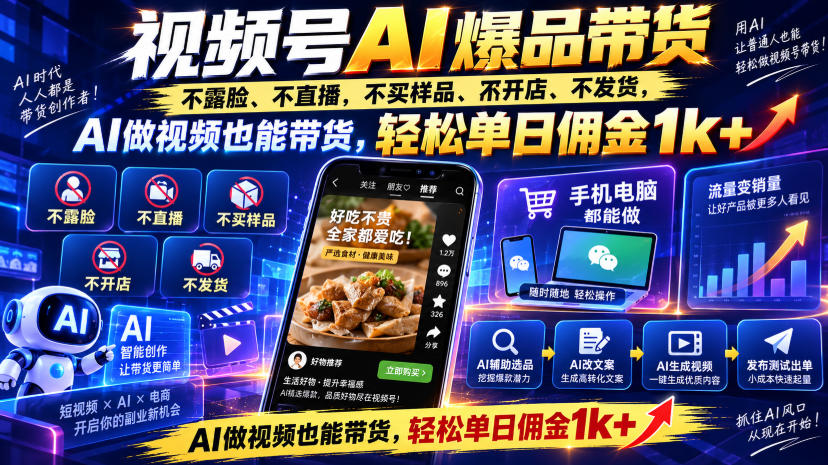 视频号Ai爆品带货，不露脸、不直播、不买样品、不开店、不发货，AI做视频也能带货，轻松单日佣金1k+-皮皮网创