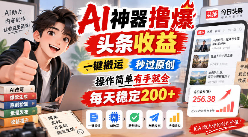 AI神器撸爆头条收益,一键搬运,秒过原创,操作简单有手就会,每天稳定200+【揭秘】-皮皮网创