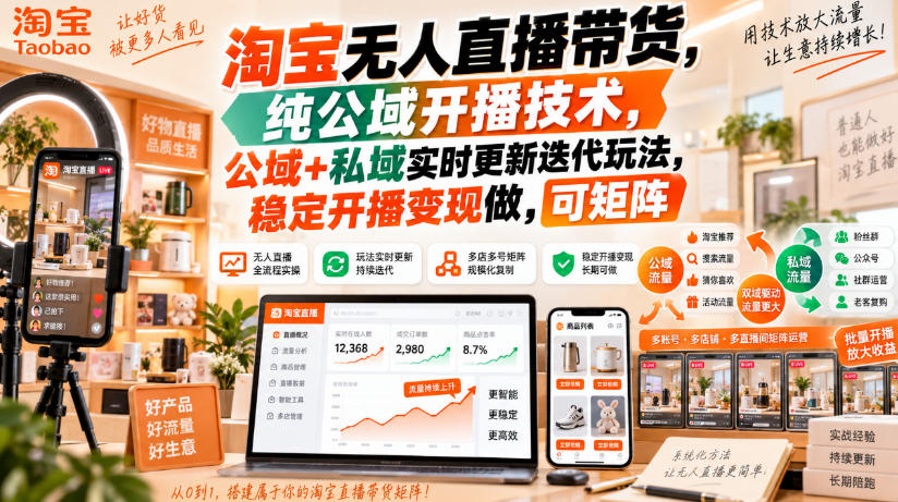 淘宝无人直播带货,纯公域开播技术,公域+私域实时更新迭代玩法,稳定开播变现做,可矩阵【揭秘】-皮皮网创