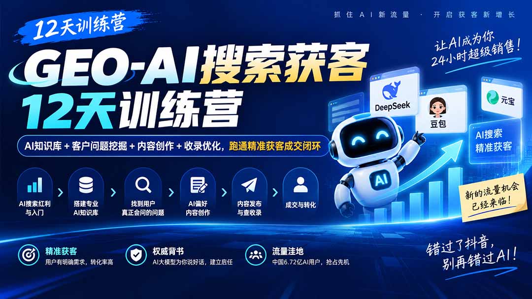 GEO-AI搜索获客12天训练营|AI知识库+客户问题挖掘+内容创作+收录优化,跑通精准获客成交闭环-皮皮网创