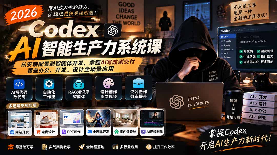 2026 Codex AI智能生产力系统课-更新|从安装配置到智能体开发,掌握AI写改测交付,覆盖办公、开发、设计全场景应用-皮皮网创