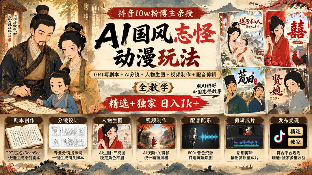 抖音10w粉博主亲授AI国风志怪动漫玩法|GPT写剧本+AI分镜+人物生图+视频制作+配音剪辑全教学|精选+独家日入1k+-皮皮网创