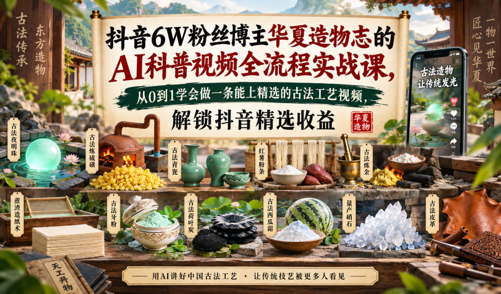 抖音6W粉丝博主华夏造物志的AI科普视频全流程实战课,从0到1学会做一条能上精选的古法工艺视频,解锁抖音精选收益-皮皮网创