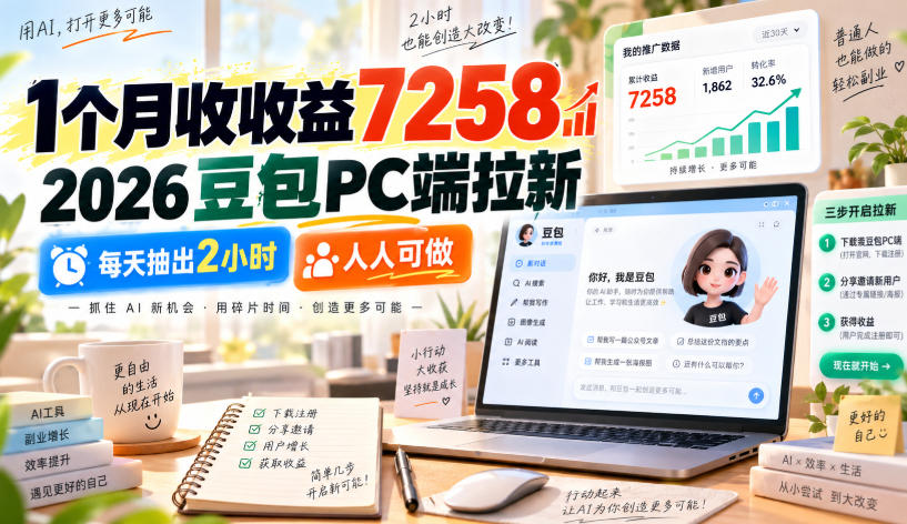 1个月收收益7258,2026豆包PC端拉新,每天抽出2小时,人人可做-皮皮网创