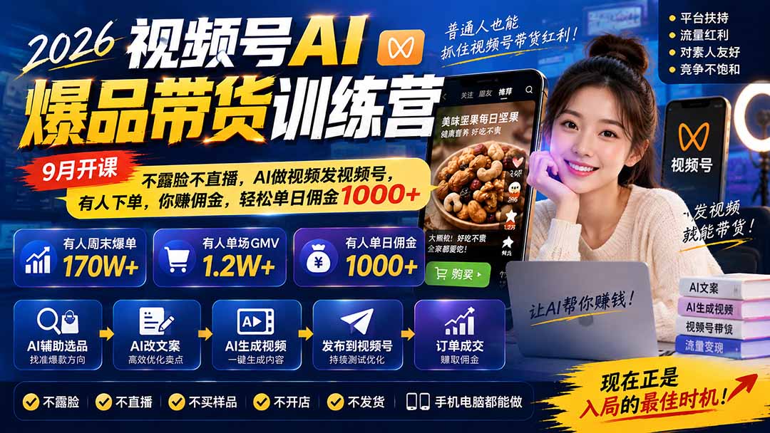 2026视频号AI爆品带货训练营-9月开课|不露脸不直播,AI做视频发视频号,有人下单,你赚佣金,轻松单日佣金1000+-皮皮网创