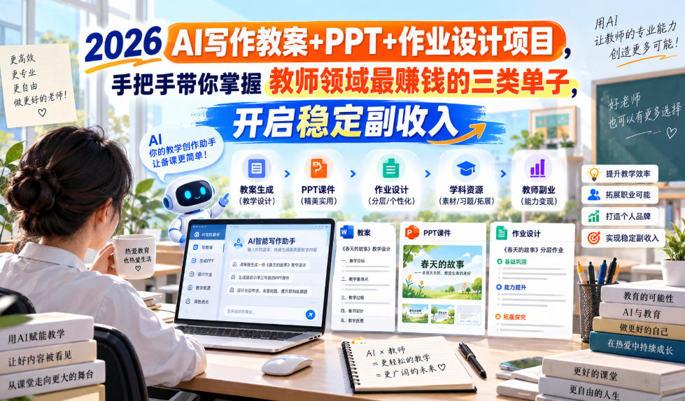 2026 AI写作教案+PPT+作业设计项目,手把手带你掌握教师领域最賺钱的三类单子,开启稳定副收入-皮皮网创