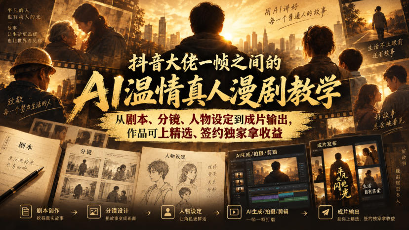 抖音大佬一帧之间的AI温情真人漫剧教学,从剧本、分镜、人物设定到成片输出,作品可上精选、签约独家拿收益-皮皮网创