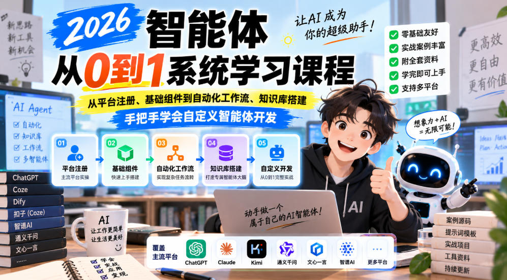 2026智能体从0到1系统学习课程,从平台注册、基础组件到自动化工作流、知识库搭建,手把手学会自定义智能体开发-皮皮网创