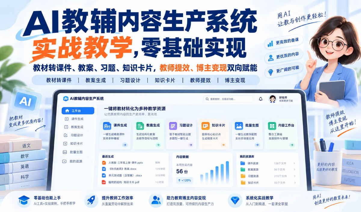 AI教辅内容生产系统实战教学，零基础实现教材转课件、教案、习题、知识卡片，教师提效、博主变现双向赋能-皮皮网创