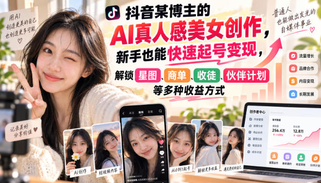 抖音某博主的AI真人感美女创作,新手也能快速起号变现,解锁星图,商单,收徒,伙伴计划等多种收益方式-皮皮网创