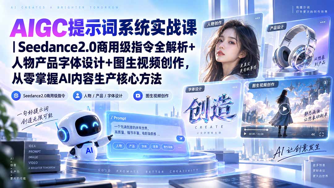 AIGC提示词系统实战课-无水印|Seedance2.0商用级指令全解析+人物产品字体设计+图生视频创作,掌握AI内容生产方法-皮皮网创