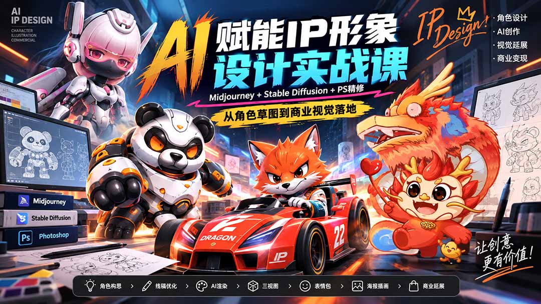 AI赋能IP形象设计实战课-无水印:Midjourney+Stable Diffusion+PS精修,从角色草图到商业视觉落地-皮皮网创