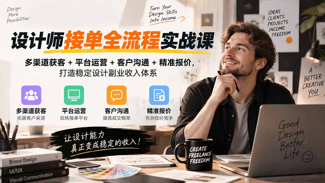 设计师接单全流程实战课-无水印|多渠道获客+平台运营+客户沟通+精准报价,打造稳定设计副业收入体系-皮皮网创