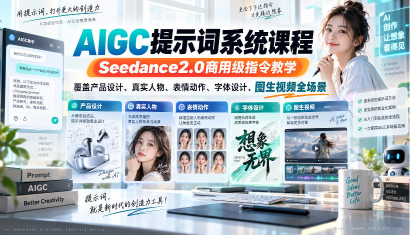 AIGC提示词系统课程,Seedance2.0商用级指令教学,覆盖产品设计、真实人物、表情动作、字体设计、图生视频全场景-皮皮网创