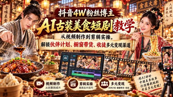 抖音4W粉丝博主AI古装美食短剧教学,从视频制作到剪辑实操,解锁伙伴计划、橱窗带货、收徒多元变现渠道-皮皮网创