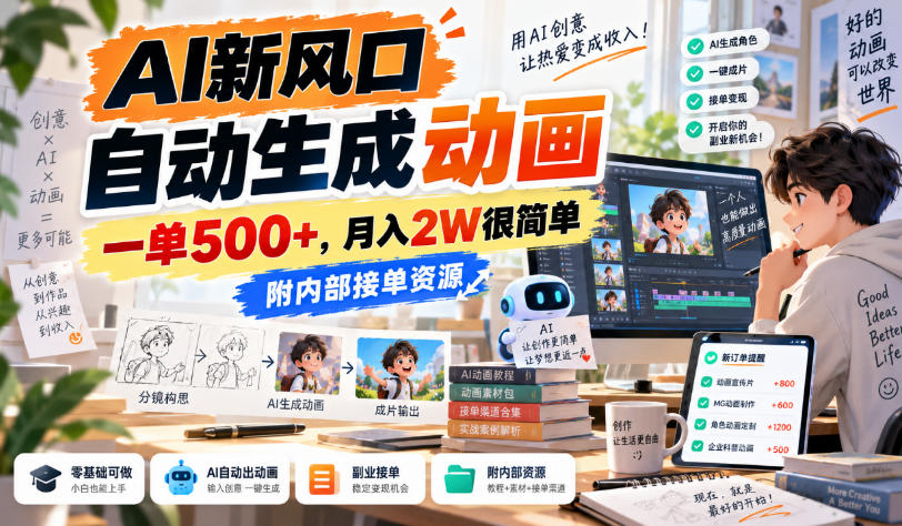AI新风口,自动生成动画,一单500+,月入2W很简单,附内部接单资源【揭秘】-皮皮网创