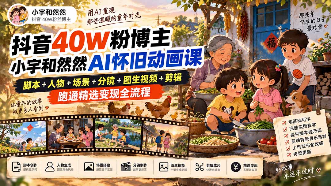 抖音40W粉博主小宇和然然AI怀旧动画课|脚本+人物+场景+分镜+图生视频+剪辑,跑通精选变现全流程-皮皮网创