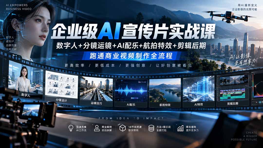 企业级AI宣传片实战课|数字人+分镜运镜+AI配乐+航拍特效+剪辑后期,跑通商业视频制作全流程-皮皮网创