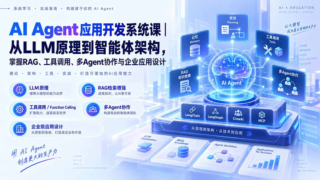 AI Agent应用开发系统课-179节|从LLM原理到智能体架构,掌握RAG、工具调用、多Agent协作与企业应用设计-皮皮网创