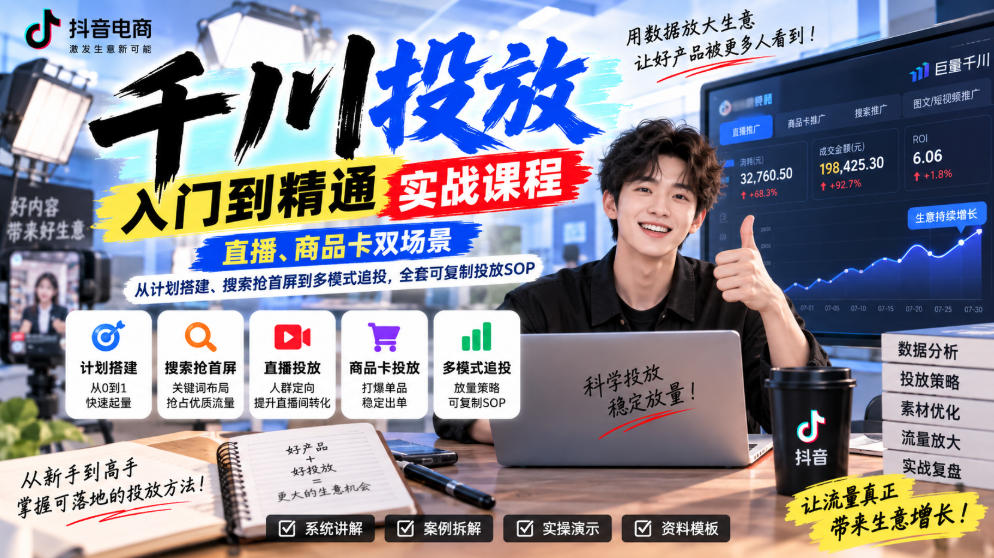 千川投放入门到精通实战课程,直播、商品卡双场景,从计划搭建、搜索抢首屏到多模式追投,全套可复制投放SOP-皮皮网创