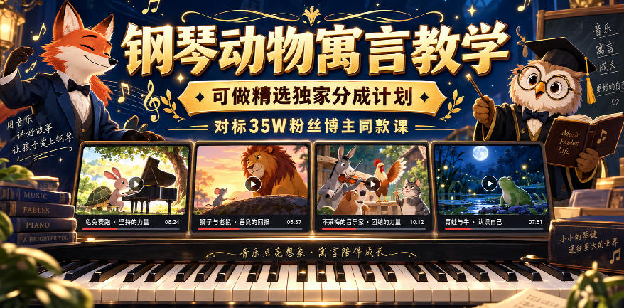 钢琴动物寓言教学,可做精选独家分成计划,对标35W粉丝博主同款课-皮皮网创