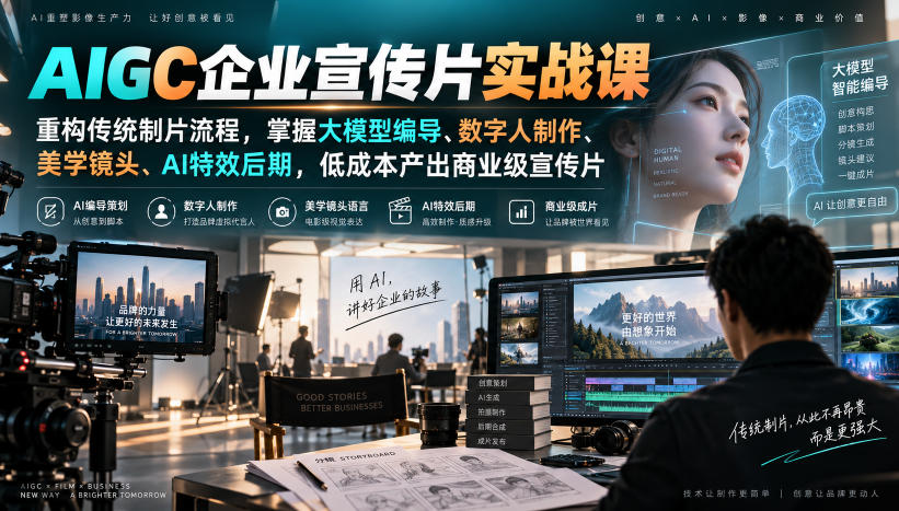 AIGC企业宣传片实战课,重构传统制片流程,掌握大模型编导、数字人制作、美学镜头、AI特效后期,低成本产出商业级宣传片-皮皮网创