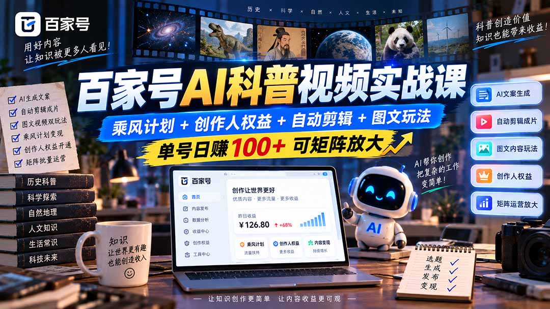 百家号AI科普视频实战课:乘风计划+创作人权益+自动剪辑+图文玩法,单号日赚100+可矩阵放大-皮皮网创