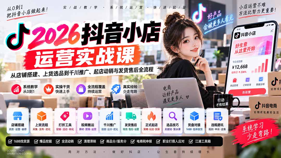 2026抖音小店运营实战课|从店铺搭建、上货选品到千川推广、起店动销与发货售后全流程-皮皮网创