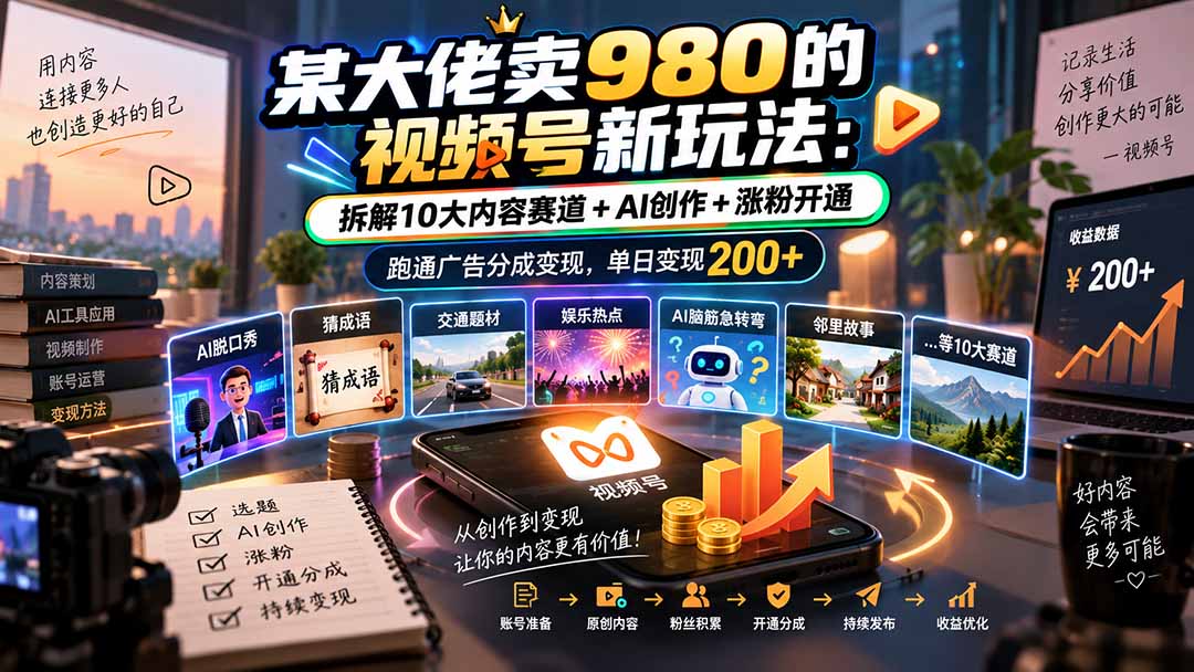 某大佬卖980的视频号新玩法:拆解10大内容赛道+AI创作+涨粉开通,跑通广告分成变现,单日变现200+-皮皮网创