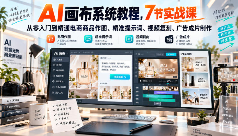 AI画布系统教程，7节实战课从零入门到精通电商商品作图、精准提示词、视频复刻、广告成片制作-皮皮网创