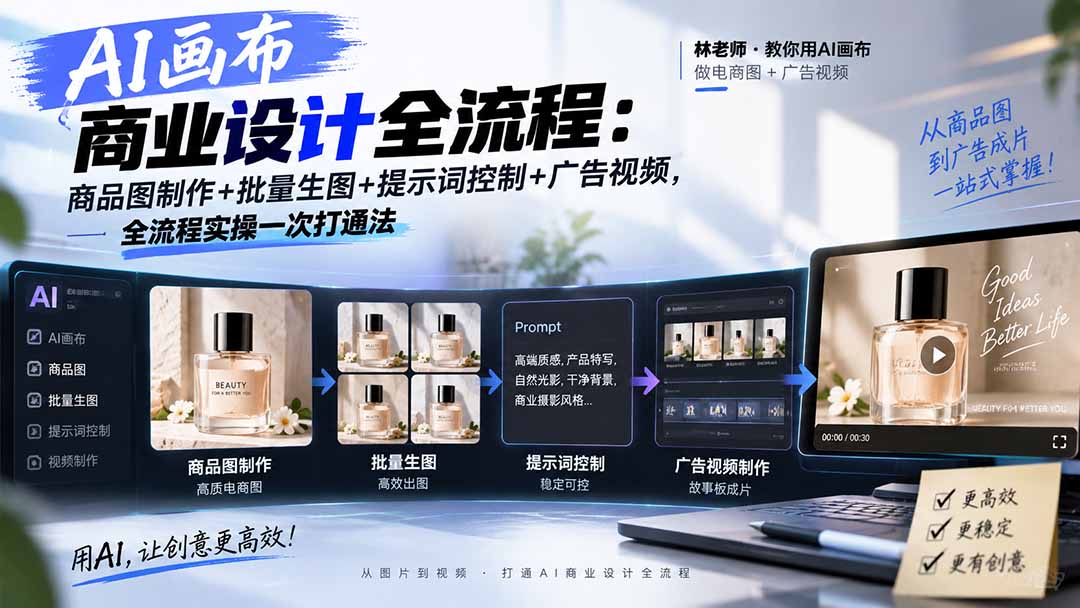 AI画布商业设计全流程：商品图制作+批量生图+提示词控制+广告视频，全流程实操一次打通法-皮皮网创