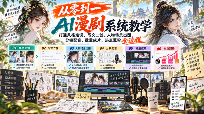 从零到一AI漫剧系统教学，打通风格定调、写文二创、人物场景出图、分镜配音、批量成片、热点涨粉全流程-皮皮网创