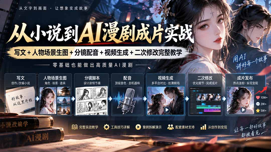 从小说到AI漫剧成片实战：写文+人物场景生图+分镜配音+视频生成+二次修改完整教学-皮皮网创