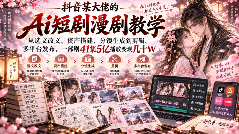 抖音某大佬的Ai短剧漫剧教学,从选文改文、资产搭建、分镜生成到剪辑、多平台发布,一部剧41集5亿播放变现几十W-皮皮网创