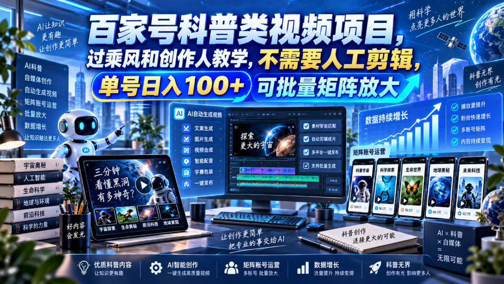 百家号科普类视频项目，过乘风和创作人教学，不需要人工剪辑，单号日入100+可批量矩阵放大-皮皮网创
